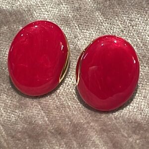 Red Ceramic Oval Earrings Goldtone
